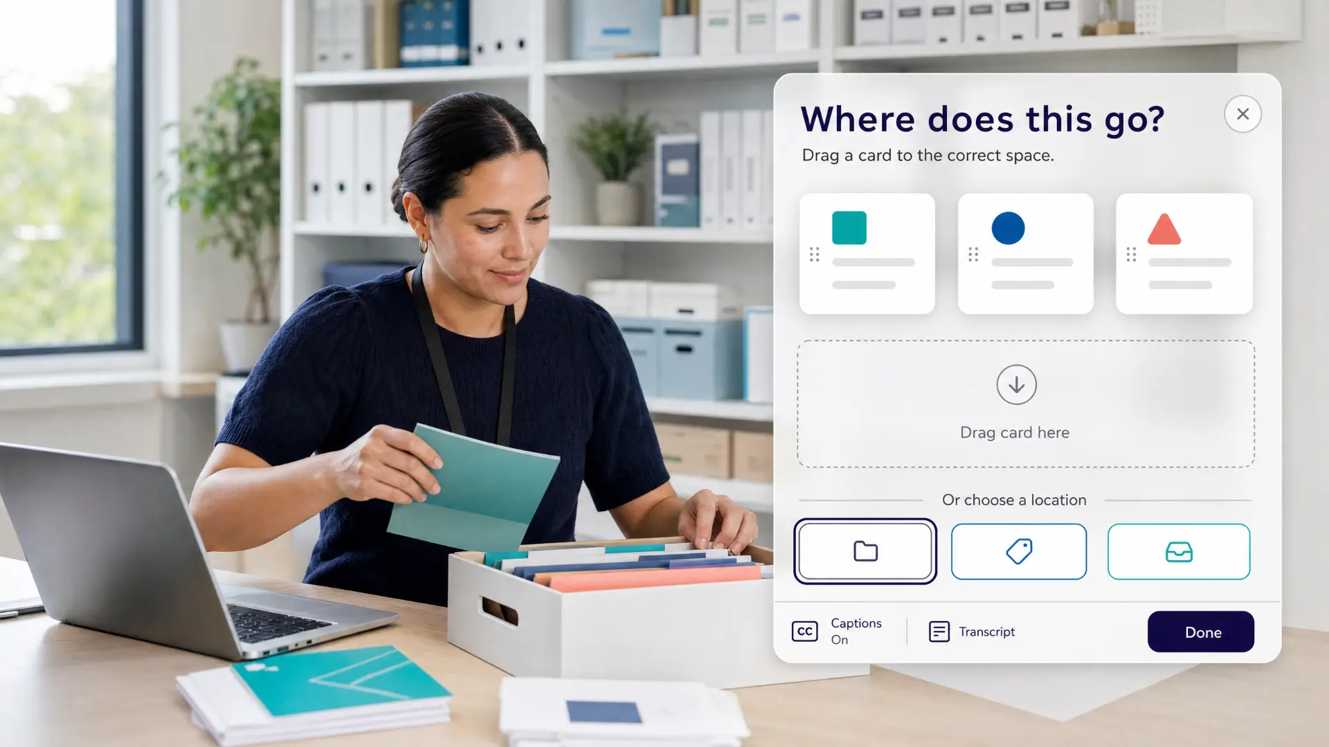 Illustrative module screen titled Where does this go, with draggable cards, a drag card here area and a choose a location alternative, over a photograph of a colleague sorting files in a records room.