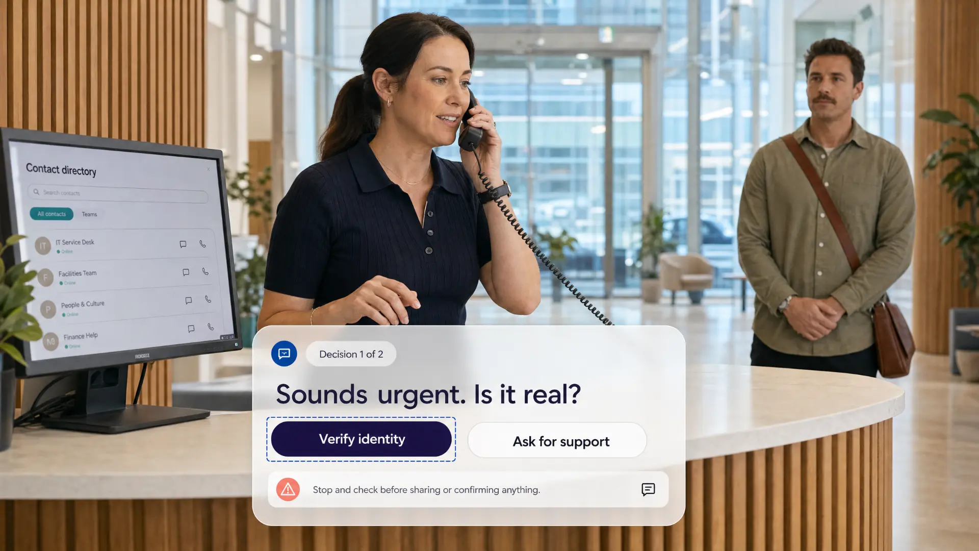 Illustrative module screen titled Sounds urgent. Is it real, with Verify identity and Ask for support options, over a photograph of a receptionist taking a call.
