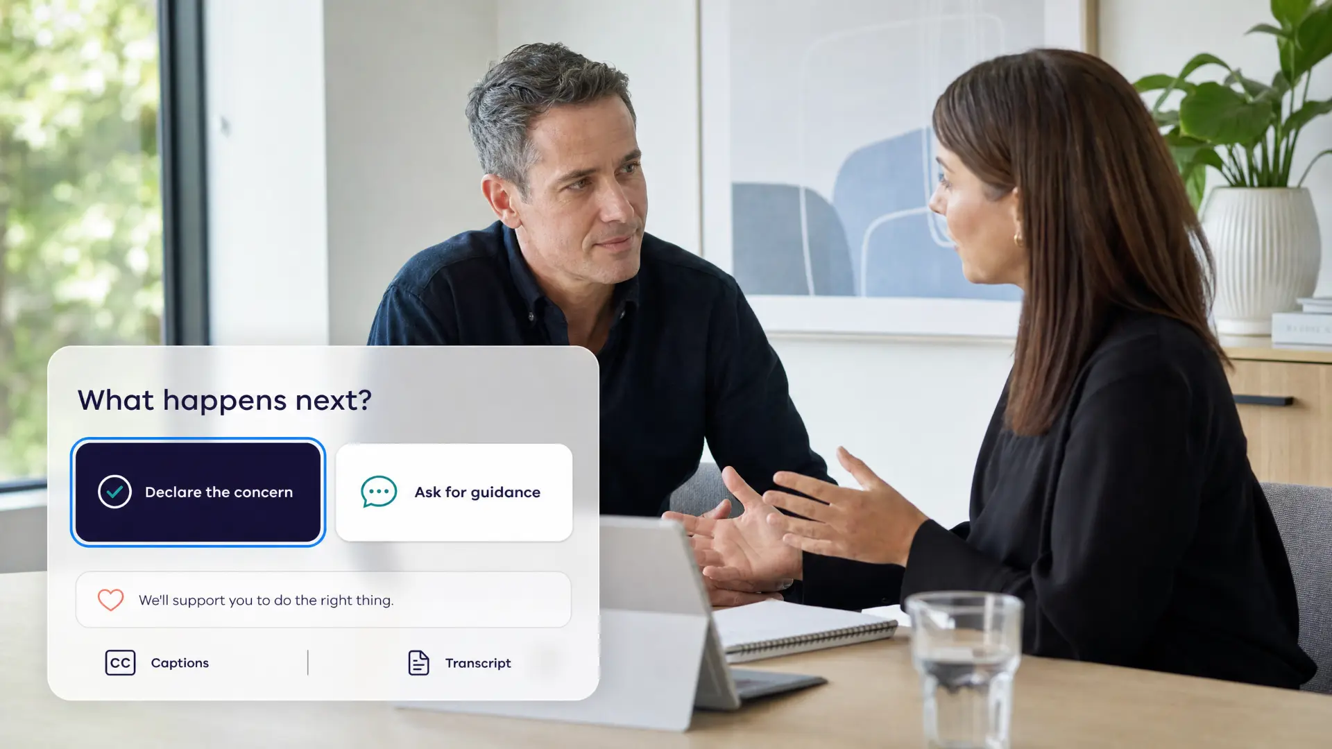 Illustrative module screen titled What happens next, with Declare the concern and Ask for guidance options and a supportive feedback message, over a photograph of two colleagues talking.