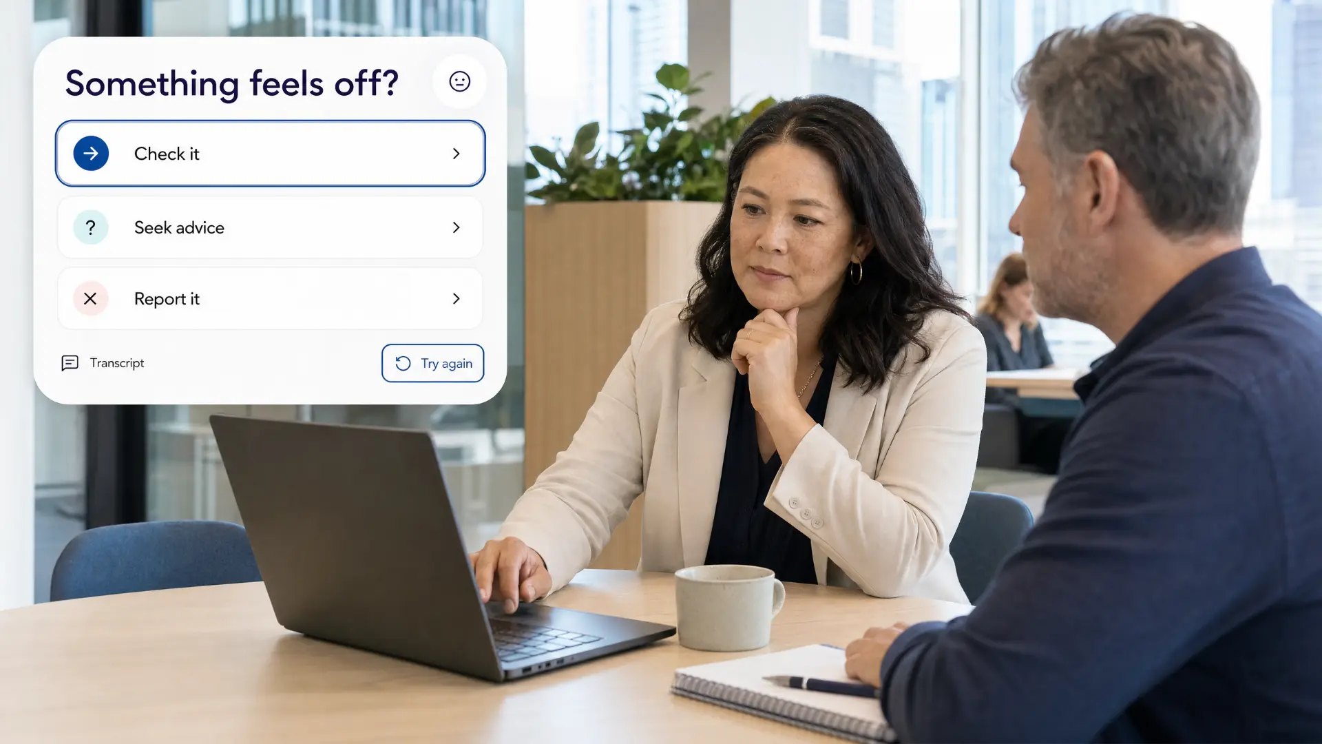 Illustrative module screen titled Something feels off, listing Check it, Seek advice and Report it, over a photograph of two colleagues at a laptop.