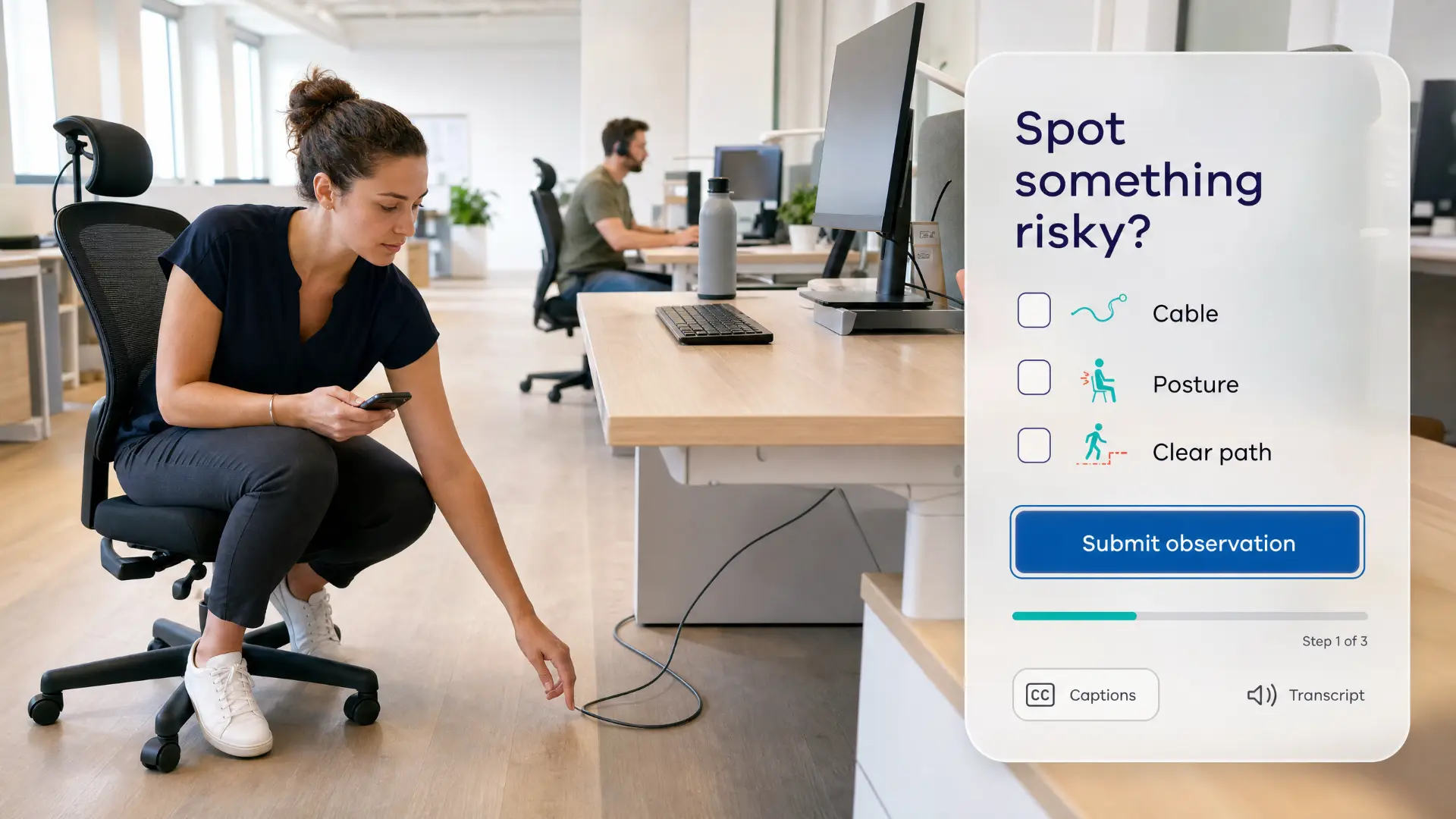 Illustrative module screen titled Spot something risky, with Cable, Posture and Clear path checkboxes and a Submit observation action, over a photograph of a colleague pointing out a loose cable in a bright office.